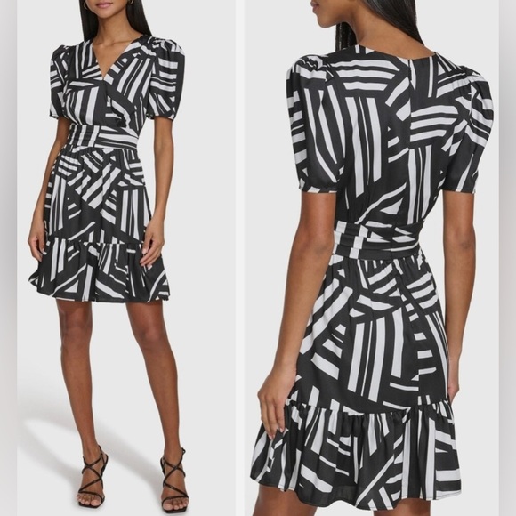 Karl Lagerfeld Paris Surplice Mini Dress in Abstract Black/White Print size 6 - Picture 1 of 16